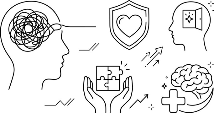 Mental health and psychology therapy line art vector icons collection featuring human mind untangling anxiety puzzle and wellness