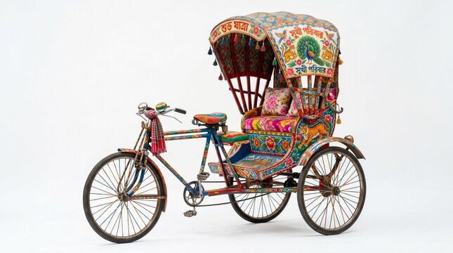 Traditional colorful rickshaw from Bangladesh featuring vibrant hand painted floral patterns and intricate tiger illustrations on a white background captured in a bright studio setting with sharp 