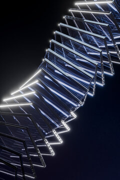 Abstract 3d rendering of geometric glass frame with glowing light