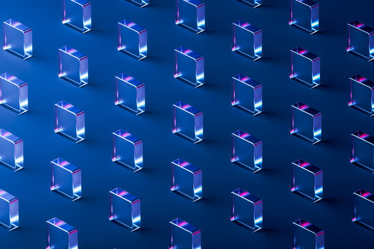 An abstract pattern of glowing 3d glass geometric shapes on blue