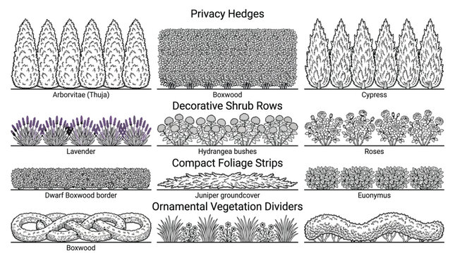 Illustration of various decorative shrub rows and privacy hedges for landscaping