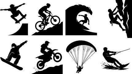 Extreme sports black silhouette collection featuring skateboarding, mountain biking, surfing, rock climbing, and snowboarding vector illustrations © Utpal