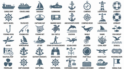 Collection of Flat Slate Blue Nautical and Marine Icons: Ships, Navigation Tools, Marine Life, Water Sports, and Maritime Equipment Vector Graphics Set © moh