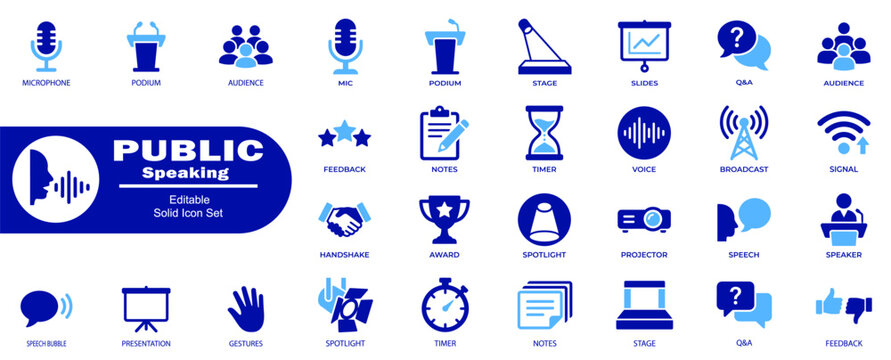 Public speaking and presentation icon set. Collection of conference gear and lecture equipment for professional corporate seminars.