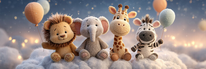 Obraz premium A Group of Adorable Stuffed Animal Friends, Lion, Elephant, Giraffe, and Zebra, Floating on a Cloud Dreamy Kids Bedroom Wallpaper Design. Perfect For Calming Nursery Decor. Generative Ai.