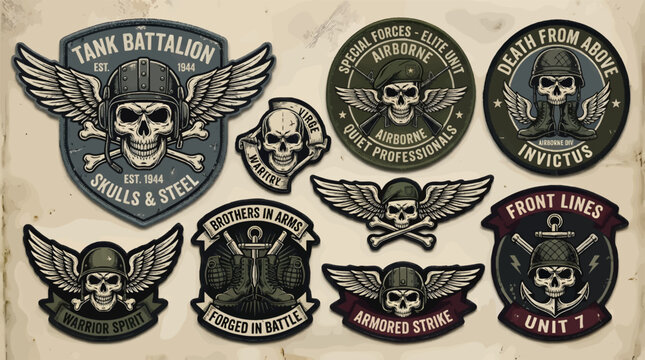 Collection of Vintage Military Skull Emblems and Patches, Featuring Winged Skulls, Helmets, Weapons, and Mottos like 'Tank Battalion', 'Special Forces', 'Brothers in Arms', 'Front Lines', 'Death From