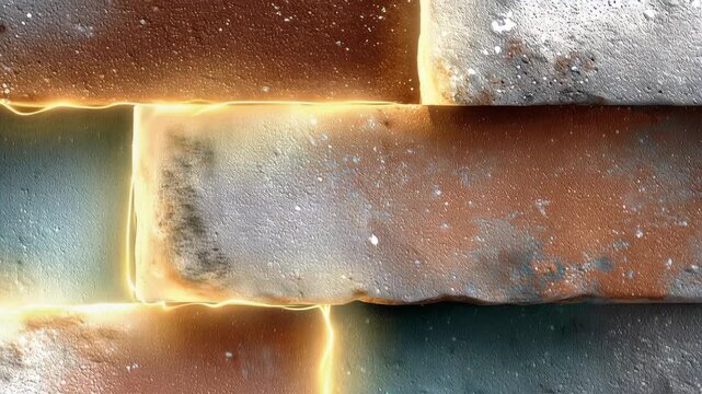 Glowing yellow light behind textured brick wall. Abstract architectural background with illuminated joints between masonry stones. Modern construction lighting design.