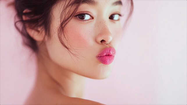 Portrait of a beautiful young Asian woman with a playful pouting expression and vibrant pink lips looking over her shoulder against a soft pastel pink background with glowing skin and freckles. Makeup