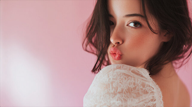 Beautiful young woman with dark hair and brown eyes posing with a playful pout and kissy face over her shoulder, wearing elegant white lace dress against a soft pink pastel studio background, romantic