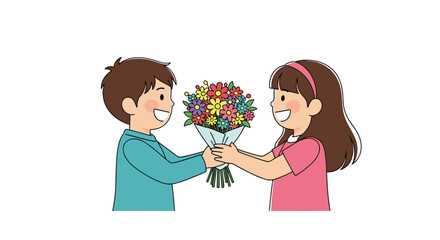 Fototapeta premium Kind boy with brown hair presents a beautiful bouquet of colorful flowers to a smiling girl as a sweet friendly gesture.