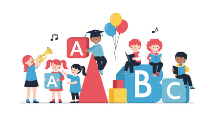 Fototapeta premium Diverse group of children playing and learning with large alphabet blocks, books, balloons, and musical instruments.