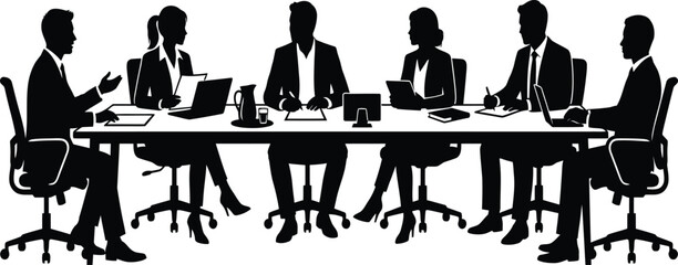 Fototapeta premium Silhouette of executive business team discussing project strategy during corporate board meeting around table with laptops in office conference room