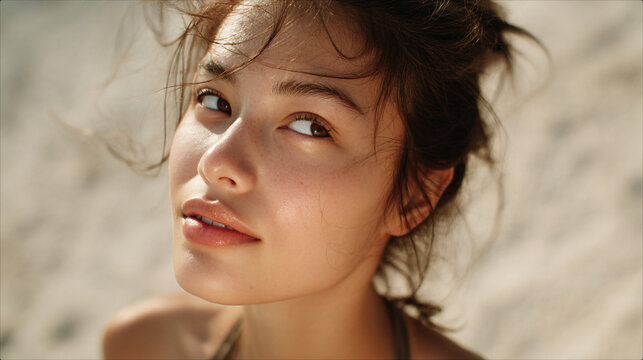 Close-up portrait of a beautiful young woman with messy dark hair and natural skin glow standing on a sunny beach, soft golden hour sunlight, radiant complexion, serene facial expression, summer vibe