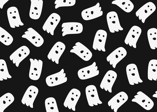 Cute floating white ghost pattern on black background for Halloween