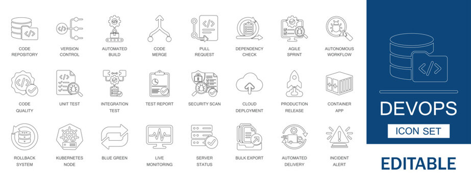 DevOps pipeline and agile automation icon set. Vector symbols for kubernetes, pull request, and code merge. Thin line style for cloud deployment and server monitoring.