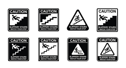 Obraz premium Caution Signs Featuring Slippery Surfaces Vector Illustrations On White Background