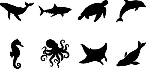 Set of black silhouette marine animals and sea creatures including whale, shark, dolphin, and octopus vector icons © Utpal