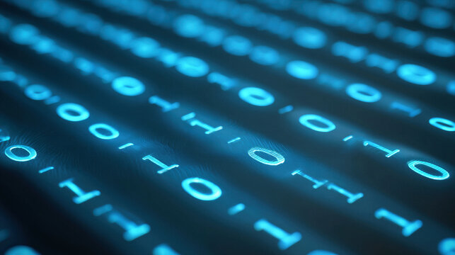 Binary code digital data glowing in blue light with futuristic technology concept