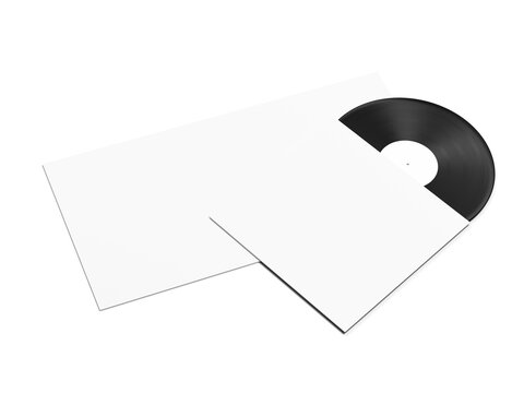 Blank White Isometric Vinyl Record and Album Cover Mockup on Plain Surface. 3D Render.