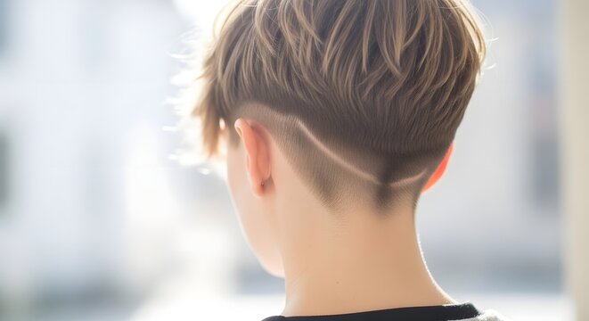 Young Woman With Cropped Nape Undercut Hairstyle, Rear View