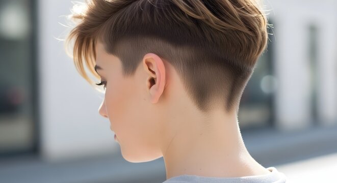Young Woman With Cropped Nape Undercut Hairstyle, Rear View