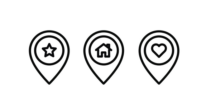 Location marker icons with star house and heart symbols line style