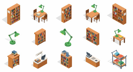 Collection of Isometric Library Icons Featuring Bookshelves, Desks, Lamps, and Carts. © Syakilla