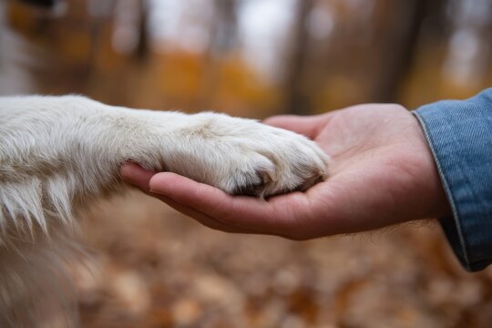 The Dog Paw and Human Hand Connecting in an Autumn Forest of Warmth