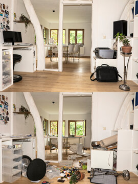 Germany, North Rhine Westphalia, Interior of house before and after burglary
