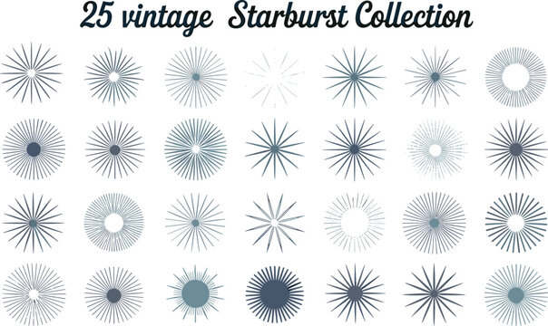 Vintage sunburst and light rays line icons set for retro logo badge emblem design template vector collection