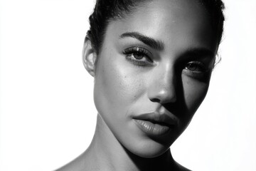 Obraz premium The Woman's Close-Up Portrait in Monochrome Highlighting Dramatic Light and Natural Beauty