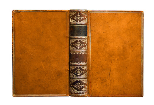 Red morocco leather book binding isolated on white background. Antique hardcover with gilt decoration on spine and cover