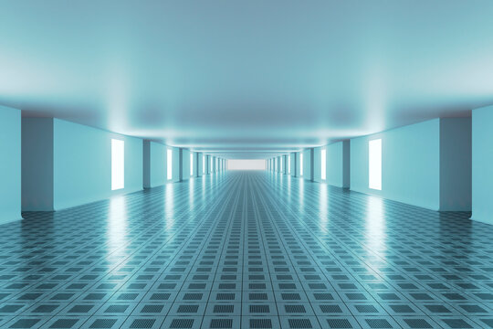 Futuristic illuminated blue empty corridor interior