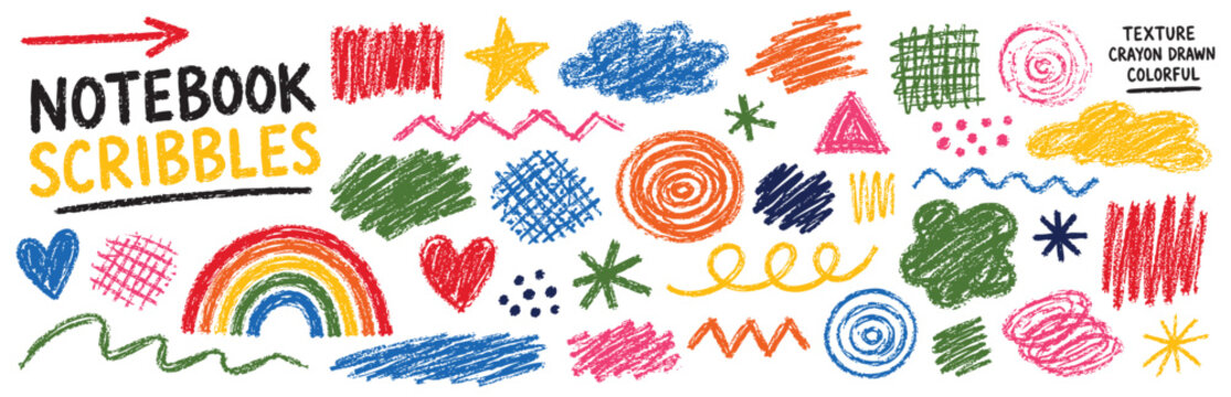 Collection of various colorful crayon scribbles, hand drawn shapes, doodles, and textures isolated on a white background for design elements.