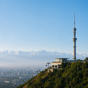 Scenic View of Almaty City with Kok Tobe TV Tower, Cable Cars, and Snow-Capped Trans-Ili Alatau Mountains under Clear Blue Sky in Kazakhstan