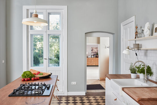 Empty kitchen with gas stove