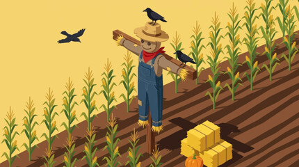 A scarecrow stands guard in a ripe cornfield with crows flying nearby, symbolizing autumn harvest and rural life. © Syakilla