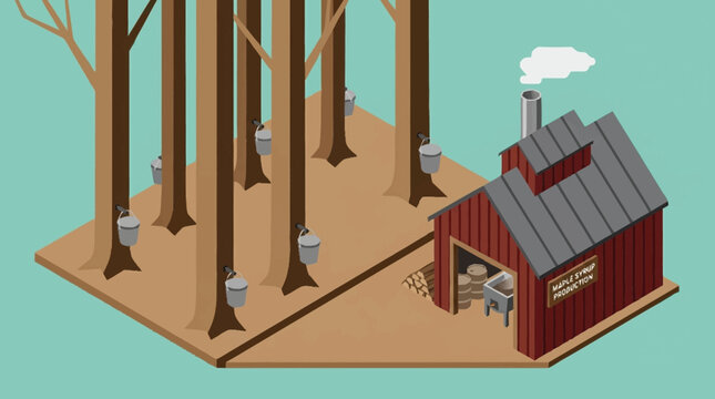Isometric illustration of a maple syrup farm with buckets collecting sap from trees and a small sugar shack with smoke coming from the chimney.