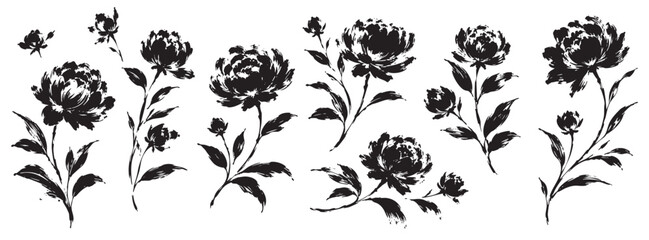 Naklejka premium Collection of hand drawn peony flowers, ink sketch illustration, botanical design elements, isolated on white background.