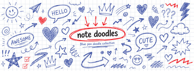 Collection of hand-drawn blue pen doodles including hearts, stars, arrows, speech bubbles, crowns, and various decorative elements on a grid paper background. © Zbrake Studio