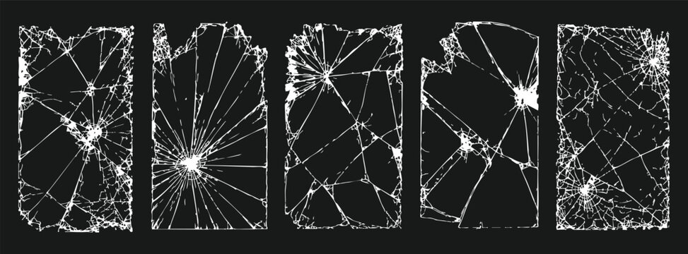 Collection of realistic broken glass screen overlays with various crack patterns, isolated on black background for digital design and photo editing.