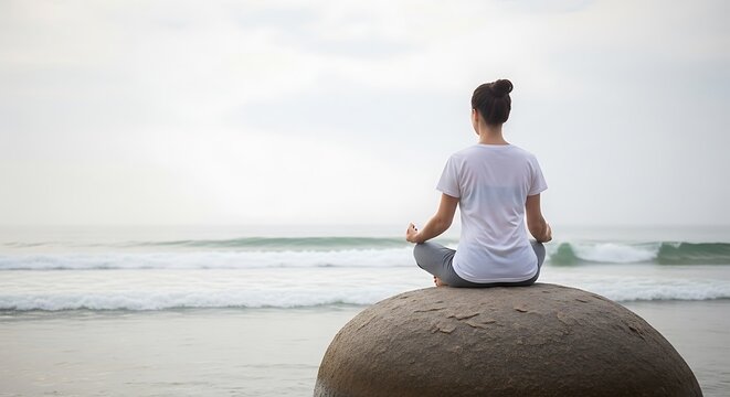 Woman meditating in lotus position on a large boulder at the beach