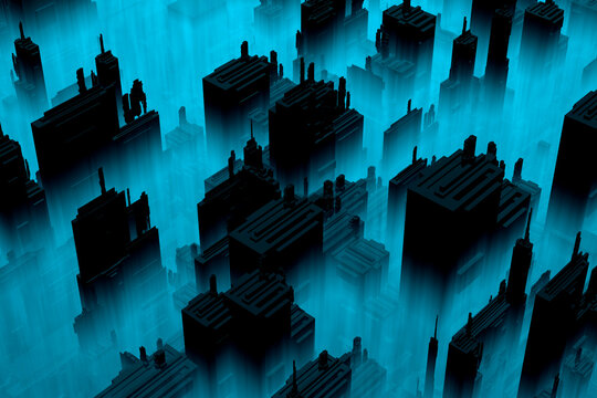 Three dimensional render of abandoned city downtown shrouded in fog