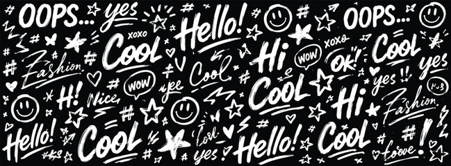 Seamless pattern with handdrawn lettering and doodles, graffiti style background with words like hello, cool, hi, fashion, oops, yes, wow, ok © Zbrake Studio
