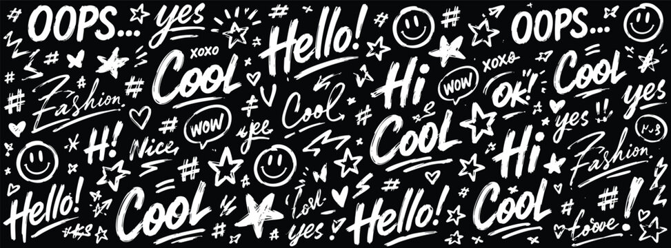 Seamless pattern with handdrawn lettering and doodles, graffiti style background with words like hello, cool, hi, fashion, oops, yes, wow, ok