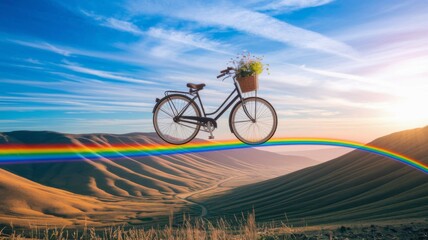 Fototapeta premium Vintage bicycle on rainbow road through scenic mountain landscape at sunset