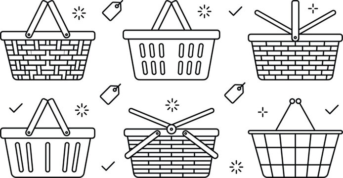 Retail shopping basket line art vector icons set featuring plastic supermarket crates woven wicker picnic hampers wire bins