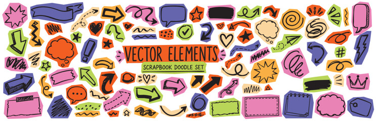 Collection of hand-drawn scrapbook doodle elements including arrows, speech bubbles, frames, stars, and various decorative shapes on a white background. © Zbrake Studio