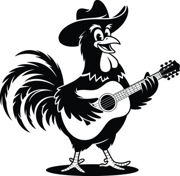 Cowboy Rooster Playing Guitar, Stylish Western Farm Bird Musician Character Illustration Isolated on White Background


