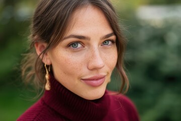 Fototapeta premium The young woman with green eyes and freckles wearing a burgundy turtleneck outdoors